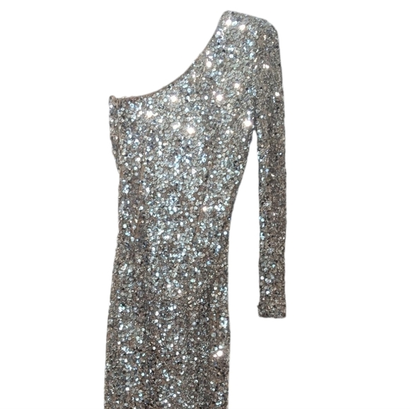 Nadine Merabi Adriana Silver Sequin One Shoulder Maxi Dress Crystal Belt Size XS - Picture 9 of 17
